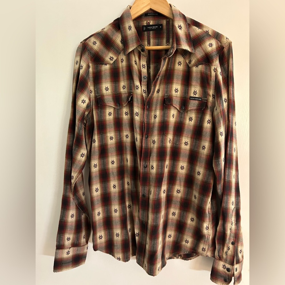 Lucky Brand men’s Plaid Dobby Western Long Sleeve Shirt, brown tan size medium M - Picture 6 of 7